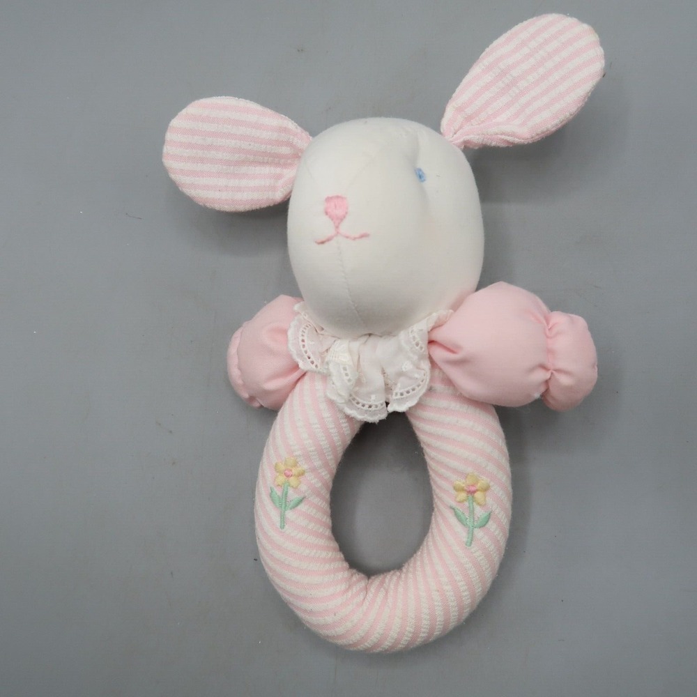 House of Hatten Baby Rabbit Bunny Plush Ring Rattle 6 In Pink Stuffed Animal Toy